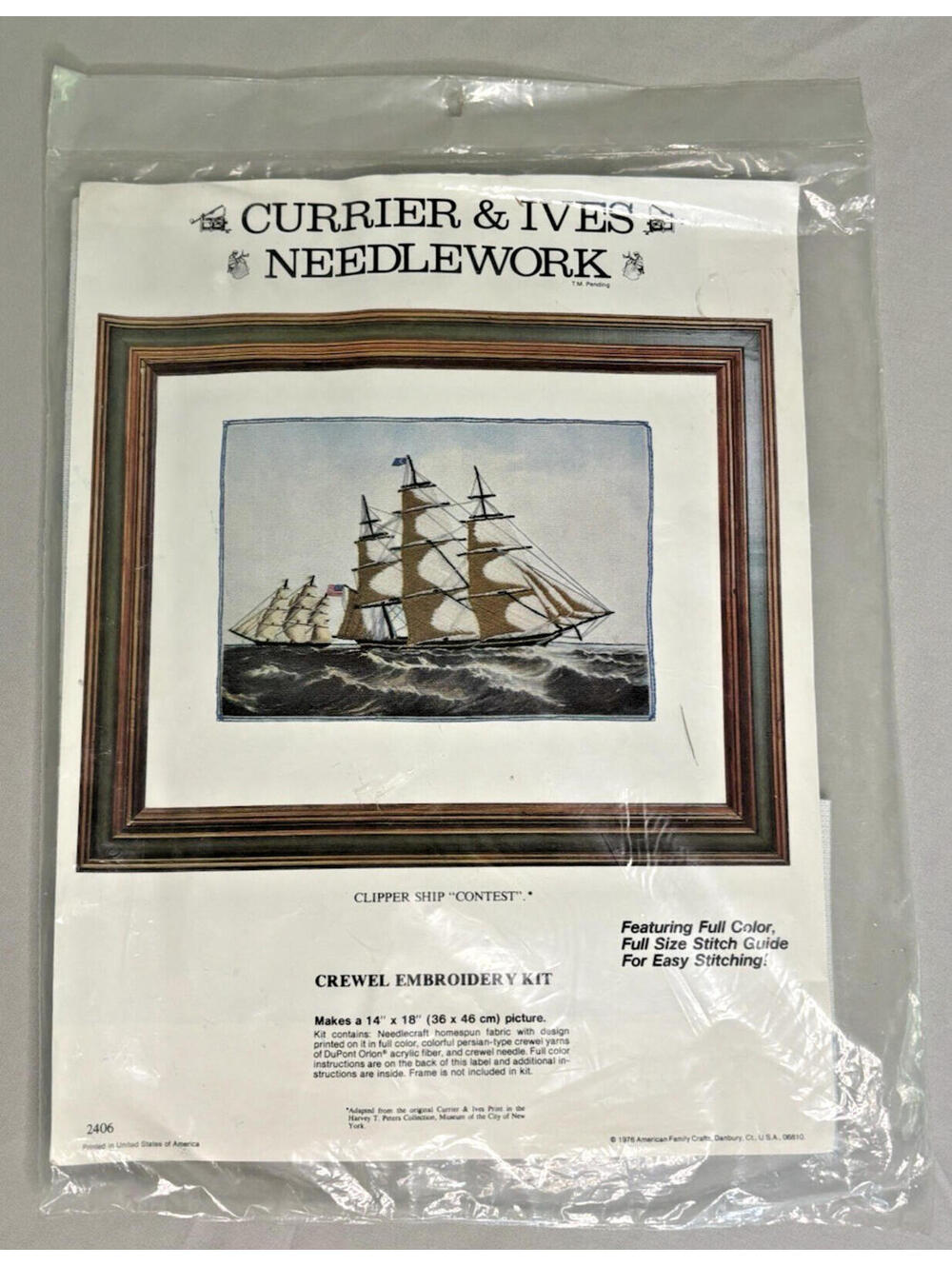 Vintage 1976 Currier & Ives Crewel Embroidery Kit Clipper Ship #2406 14"x18" NIP